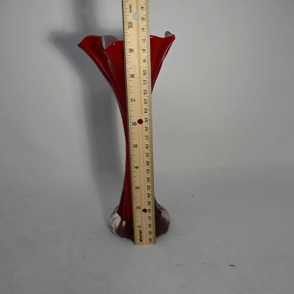 Vintage Czech Red Art Glass Bud Vase Fluted Twist Swirl Ruffled Rim 10 Inch